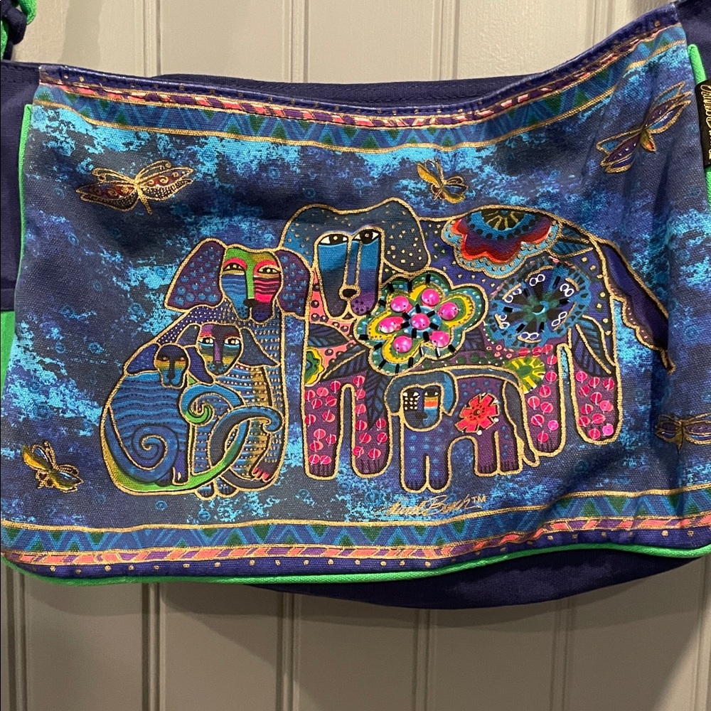 Laurel Burch Tote bag Dog Print Sequins and Beads Woven Handle 16"x10"x4" - Picture 4 of 12